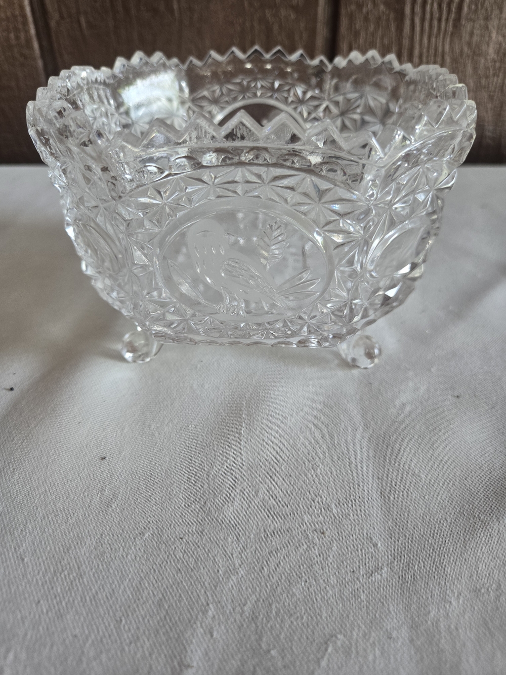 Hofbauer 24%+ Crystal Collection Etched Bird & Flower Square Footed Bowl Vtg
